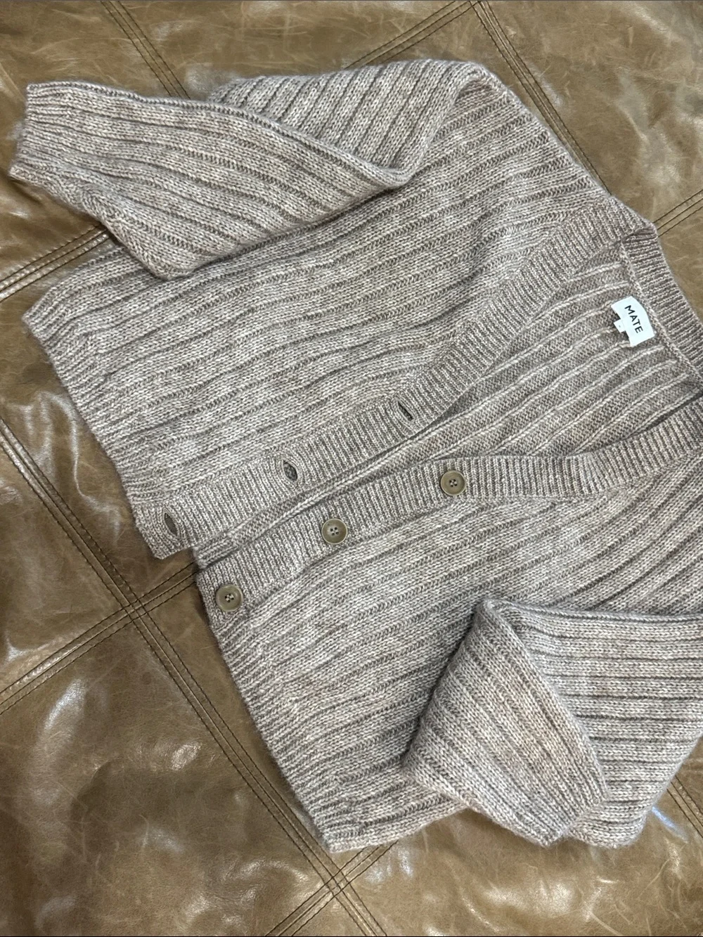 MATE the Label Luxe Alpaca Ribbed Button-Front Cardigan in Bark Taupe Small